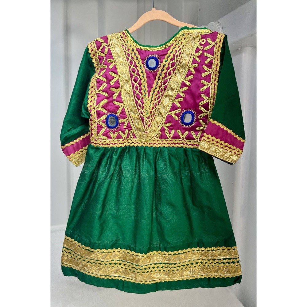 Afghan Kuchi Dress Kids Girls Green Pink Shisha Mirror Embroidery Size 4-6